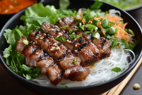 Delicious bun thit nuong featuring grilled pork served over vermicelli noodles with fresh herbs, lettuce, and nuoc cham in an inviting setting