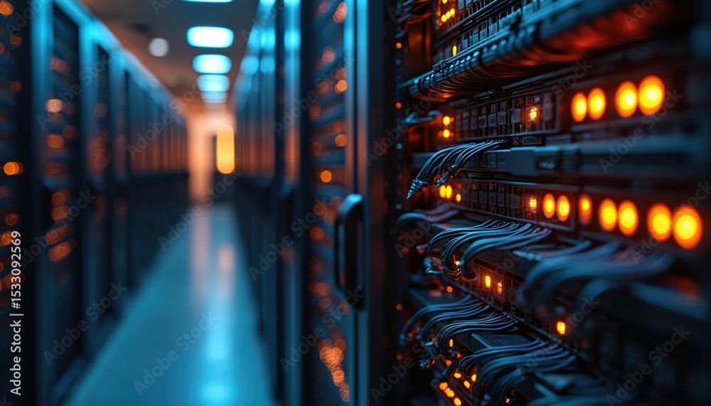 Poster Server room with network equipment, cables, LED lights. Modern data center infrastructure, tech, cyberspace, digital computing, high speed connection. Information technology and secure data transfer.