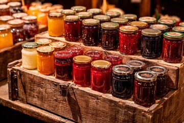 In a local market during autumn, jars of homemade preserves in vibrant colors are displayed on wooden crates. The atmosphere is warm and inviting, showcasing seasonal delights