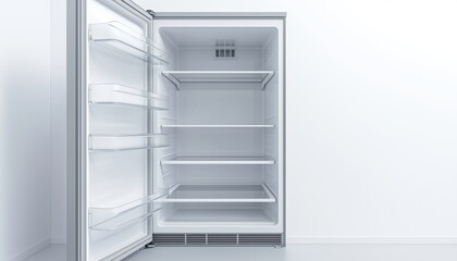 Fototapeta premium Interior Of An Empty Open White Refrigerator With Shelves, Perfect For Mocking Up Your Products In A Vertical Display.