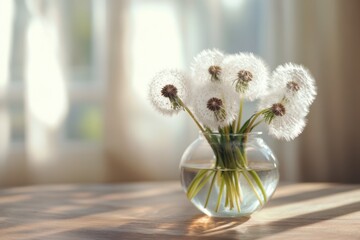 A clear glass vase with several dandelions, their white heads creating an airy and refreshing display on the wooden table, captured in a close-up shot with natural lighting Generative AI