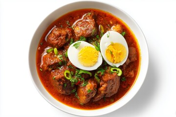 Fototapeta premium Spicy Doro Wat chicken stew served with hard-boiled eggs and berbere sauce on a white plate