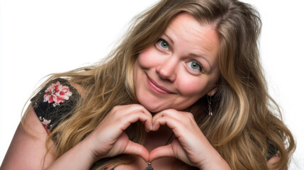 Portrait of an attractive, smiling woman, making the heart sign with both hands