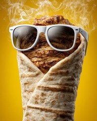 Doner kebab wearing sunglasses on a yellow background fun artwork capturing a playful summer concept.