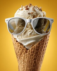 Ice cream cone wearing sunglasses on yellow background playful summer concept with fun artwork styling.