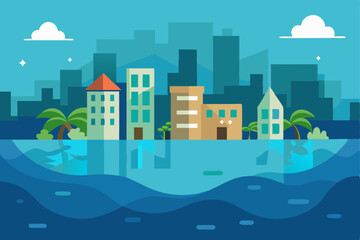 Submerged Coastal City with Flooded Buildings Art