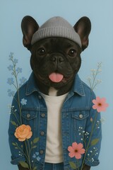 Fashionable French Bulldog in Mixed-Style Apparel and Floral Accents (AI Generated)