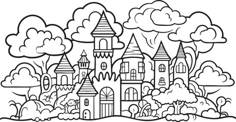 A coloring page of a whimsical fantasy village with many towers and fluffy trees.