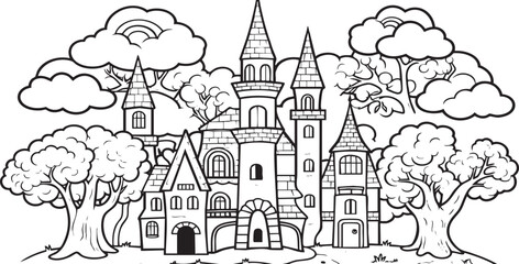 A coloring page of an enchanted castle with many towers, set in a magical forest.