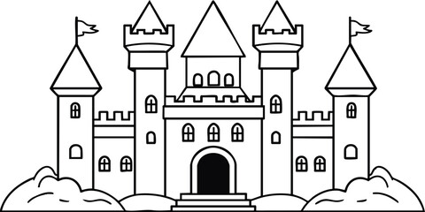 A line art coloring page featuring a grand, symmetrical medieval castle.