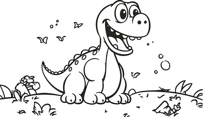 A kids' coloring page featuring a happy and energetic cartoon dinosaur.