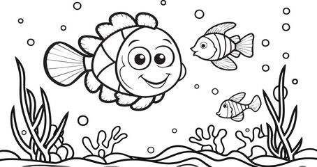 A kids' coloring page featuring a happy clownfish in a fun underwater scene.