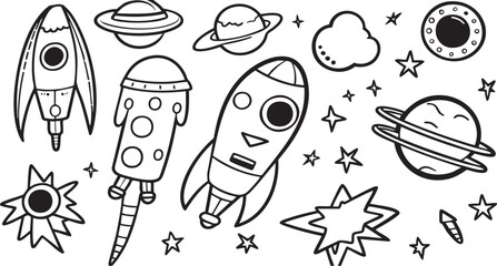 A set of space-themed doodles for a kids' coloring page or activity sheet.