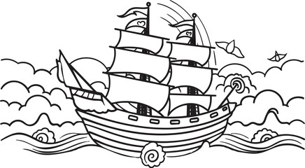 A line art illustration of a sailing ship at sea, designed as a coloring page.