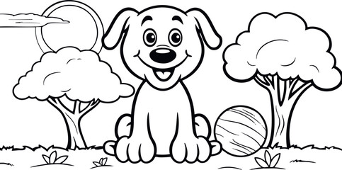 A kids' coloring page featuring a happy cartoon dog in a park with his ball.