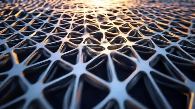 Abstract, intricate, geometric pattern of interlocking triangles and nodes.  Detailed surface texture evokes a sense of depth and dimensionality.  