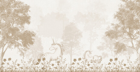 Vintage Fantasy Forest Wallpaper: Unicorn in Muted Brown Woodland Scene © csinie1