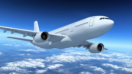 Obraz premium Modern commercial airplane flying high above the clouds in clear blue sky