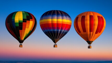 Fototapeta premium Three colorful hot air balloons float against a vibrant sunset sky