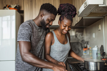Obraz premium Couple cooking together in a cozy kitchen during a cheerful weekend morning