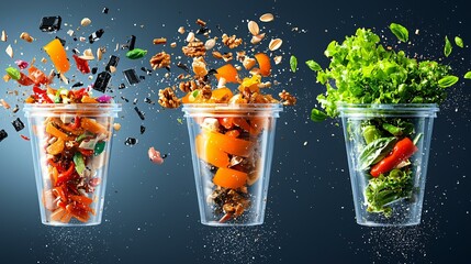 Trash sorting infographics showing clear separation of food waste, plastic, glass, and electronics