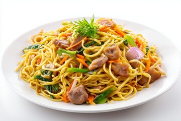 Stir-fried Pancit Canton featuring egg noodles, colorful vegetables, and tender meat on a white plate for a delicious meal experience