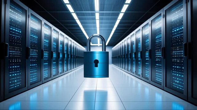 Secured server room with rows of digital data storage and central metallic blue padlock for cybersecurity protection