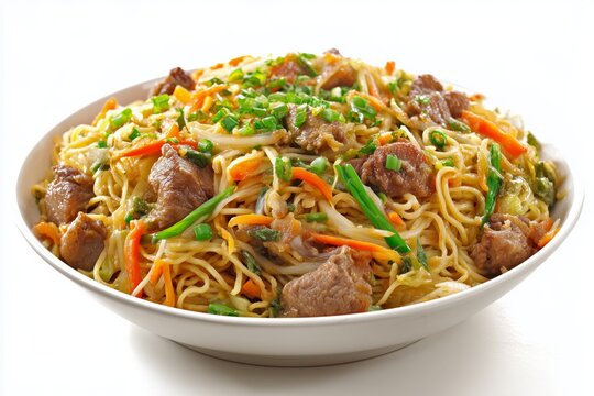 Delicious pancit canton stir-fried egg noodles with colorful vegetables and tender meat on a clean white background