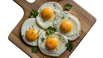 Four fried eggs with bright yellow yolks and parsley on a wooden cutting board overhead shot