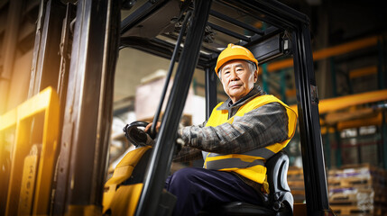 Mature Korean Forklift Operator on Construction Site in Safety Gear