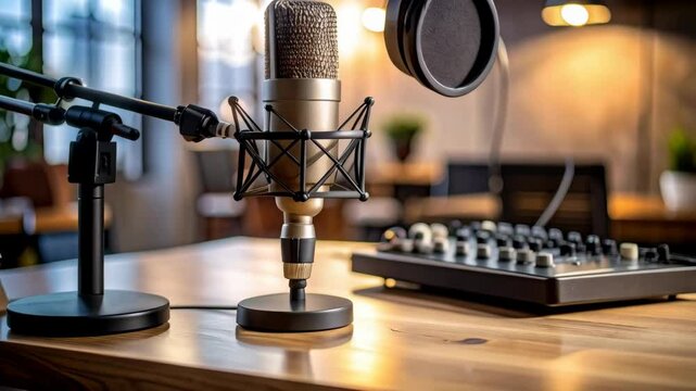 Studio microphone on a stand, mixing console, and headphones in a radio podcast recording studio indoor environment setup