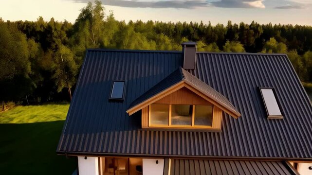 Elegant modern house with dark metal roof and light exterior surrounded by lush green lawn and trees on a sunny day with blue sky and white clouds