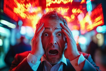 Frustration and anxiety expressed by a businessman in a vibrant urban setting at night with neon lights glowing in the background