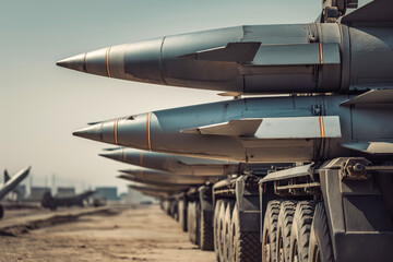 Military missiles lined up on armored vehicles at a military base during daylight hours showcasing modern weaponry and strategic readiness