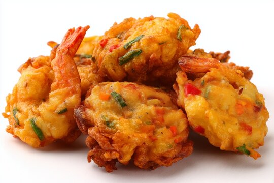 Crisp ukoy fritters made with shrimp and vegetables presented on a clean white background, showcasing a delicious traditional dish