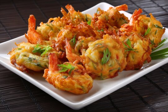 Crisp shrimp and vegetable fritters served on a white plate with garnishes for a delicious snack or appetizer