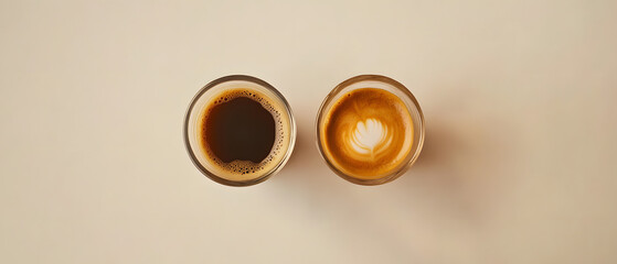 hot espresso and coffee bean on white table with soft-focus and over light in the background. top view