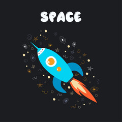 Cute hand drawn space craft with doodle elements and text. Vector scribbles of outer space astronomy elements. Rocket in flat cartoon stylisation with lettering