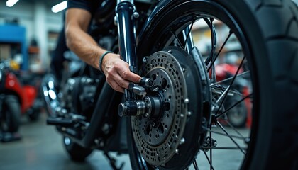 Mechanic installs wheel motorcycle repair shop. Detail close-up shot of mechanic working with wheel assembly. Engine, metal components in focus. Bike maintenance, mechanical repair, service.