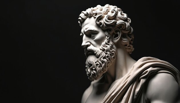 Dramatic ancient greek statue profile. Marble bust with curly hair, beard. Profile face of a classical sculpture, representing strength. Art historical portrait with neoclassical aesthetics.