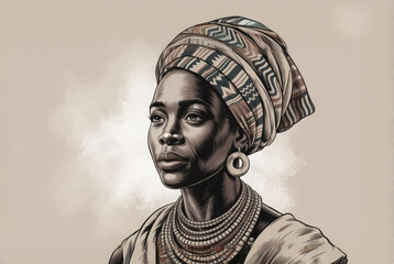 Detailed art portrait of an African woman with patterned headscarf, large earrings and layered jewelry.