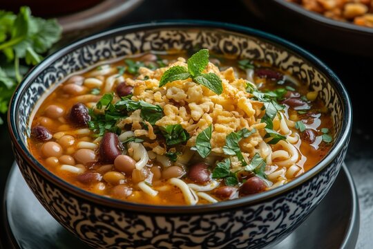 Delicious ash reshteh served in a traditional bowl with beans, herbs, and crunchy toppings, showcasing a rich culinary tradition