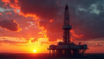 Obraz premium Oil drilling rig silhouetted against vivid sunset sky. Industrial machinery high technology construction offshore platform extracting crude oil. Dramatic evening landscape, energy resource production.