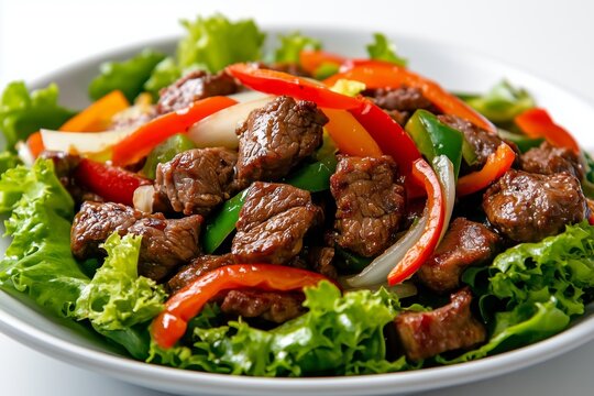 Savory bo luc lac featuring tender beef cubes with vibrant onions and peppers served on a fresh bed of greens against a clean white background