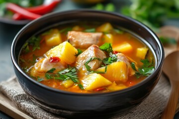 Sweet and sour fish soup with pineapple and tamarind in a bowl garnished with fresh herbs captured in a studio setting
