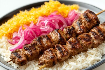 Succulent chelo kabab bakhtiari with mixed chicken and lamb skewers served over fragrant rice and garnished with pink pickled onion