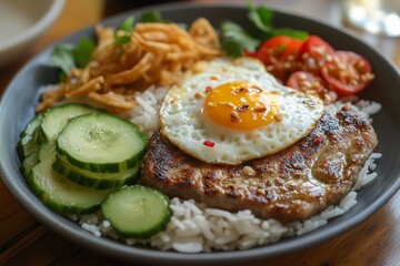 Delicious com tam with grilled pork chop, crispy fried egg, pickles, and a drizzle of savory fish sauce, enjoyed in a cozy dining setting