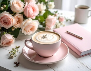 Coffee latte with whipped cream on white desk, pink roses and blush notebook