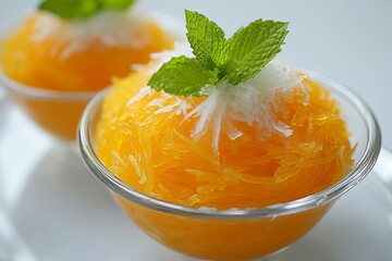 Saffron and rosewater faloodeh served with shaved ice and mint garnish in a clear bowl on a white background