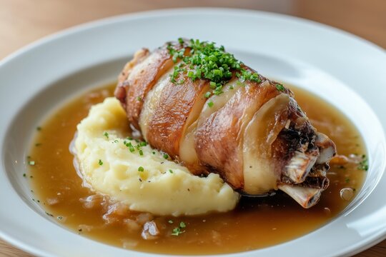 Savory eisbein served with creamy mashed potatoes and tangy sauerkraut, showcasing traditional German cuisine at a cozy restaurant setting